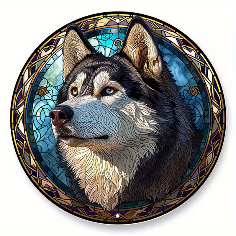 

1pc (20x20 Cm, 8x8 Inches) Aluminum Metal Sign, Faux Stained Glass Circular Wreath Sign, Alaskan Malamute Theme Design, Kennel, Bedroom, Living Room Decor, Pet Lover's Gift D (5)