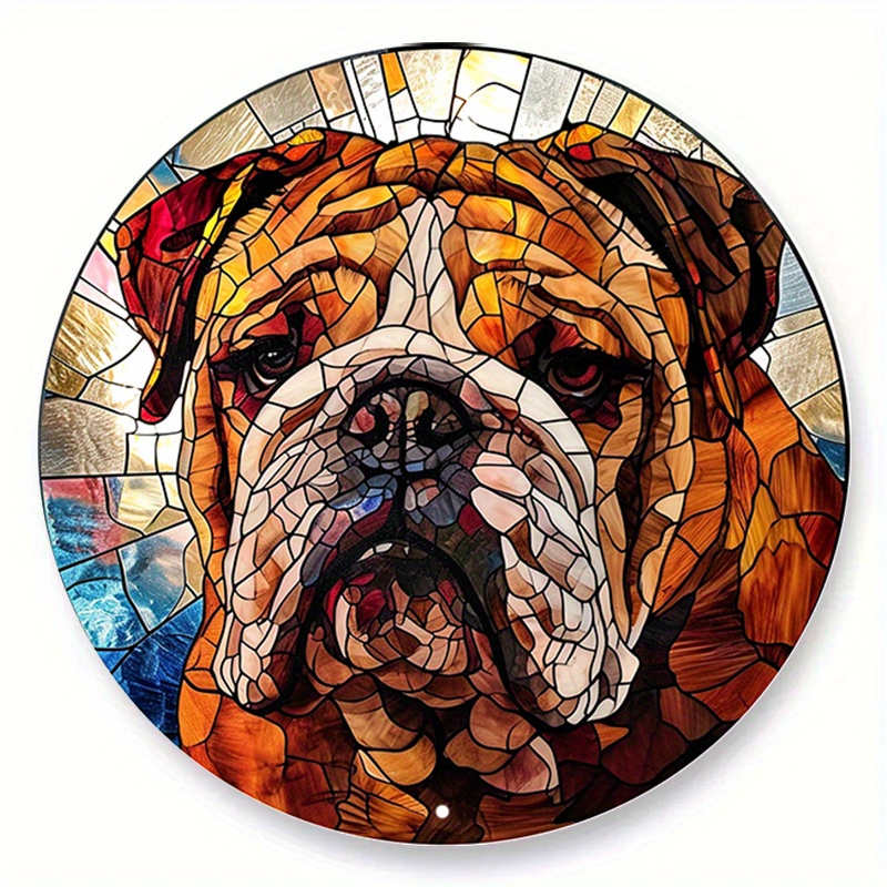 

1pc (20x20 Cm, 8x8 Inches) Aluminum Metal Sign, Faux Stained Glass Round Wreath Sign, Bulldog Bulldog Theme Design, Kennel, Bedroom, Living Room Decor, Pet Lover's Gift D (72)