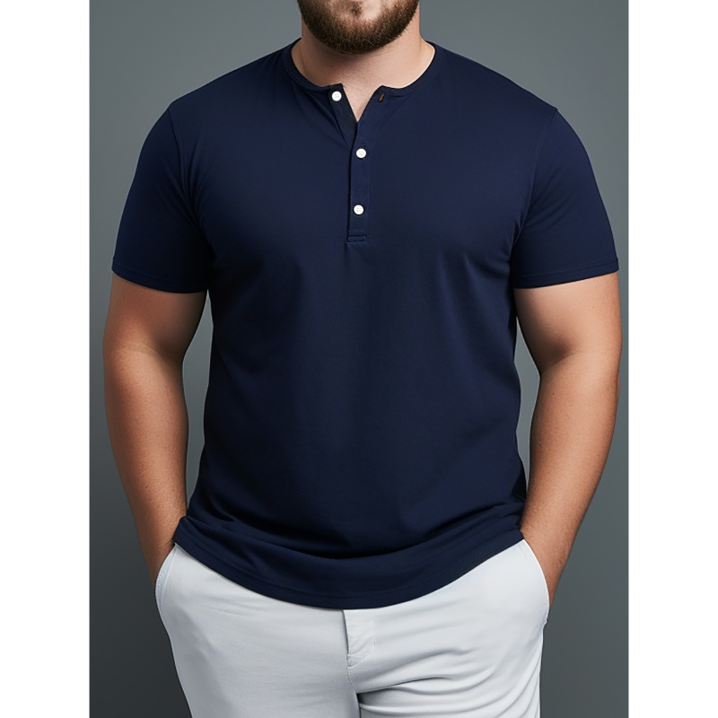 

Plus Size Men's Solid Henley Shirt, Casual Breathable Comfy Half Button Short Sleeve Shirt For Summer Outdoor Activities, Men's Clothing
