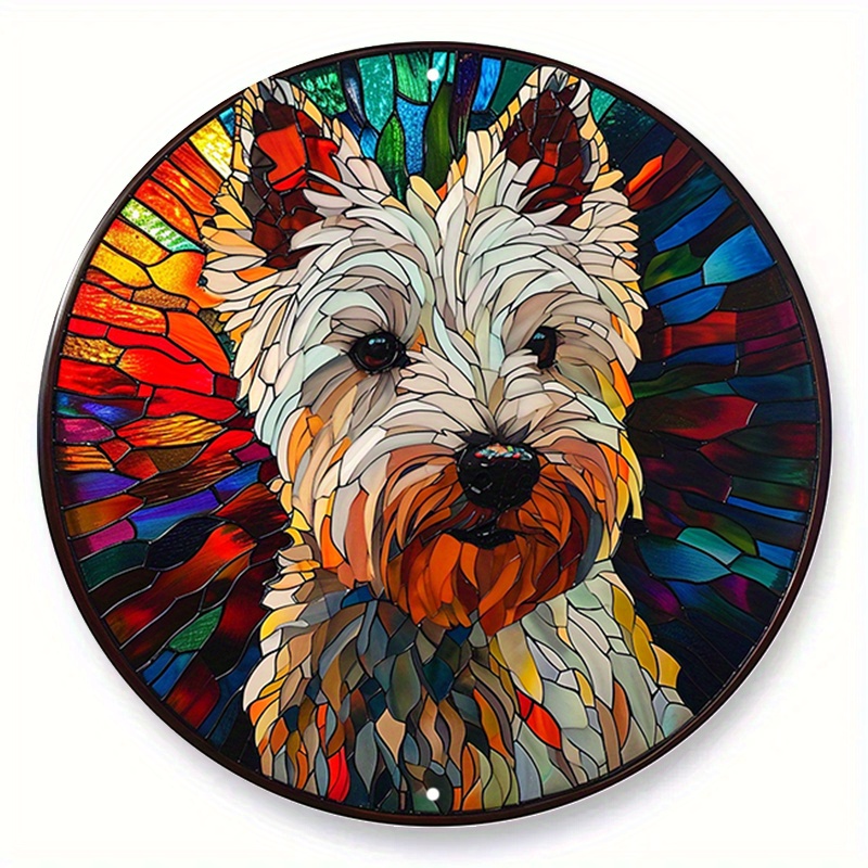 

1pc (20x20 Cm, 8x8 Inches) Aluminum Metal Sign, Faux Stained Glass Round Wreath Sign, West Highland White Terrier Theme Design, Kennel, Bedroom, Living Room Decoration, Pet Lover Gift D (15)