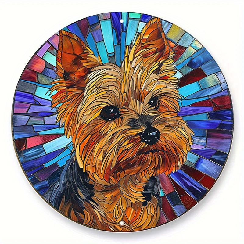 

1pc (20x20 Cm, 8x8 Inches) Aluminum Metal Sign, Faux Stained Glass Round Wreath Sign, Yorkshire Terrier Theme Design, Kennel, Bedroom, Living Room Decor, Pet Lover's Gift D (53)