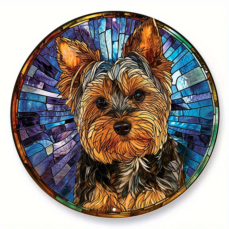 

1pc (20x20 Cm/8x8 Inch) Aluminum Metal Sign, Faux Stained Glass Round Wreath Sign, Yorkshire Terrier Theme Design, Kennel, Bedroom, Living Room Decor, Pet Lover's Gift D (55)