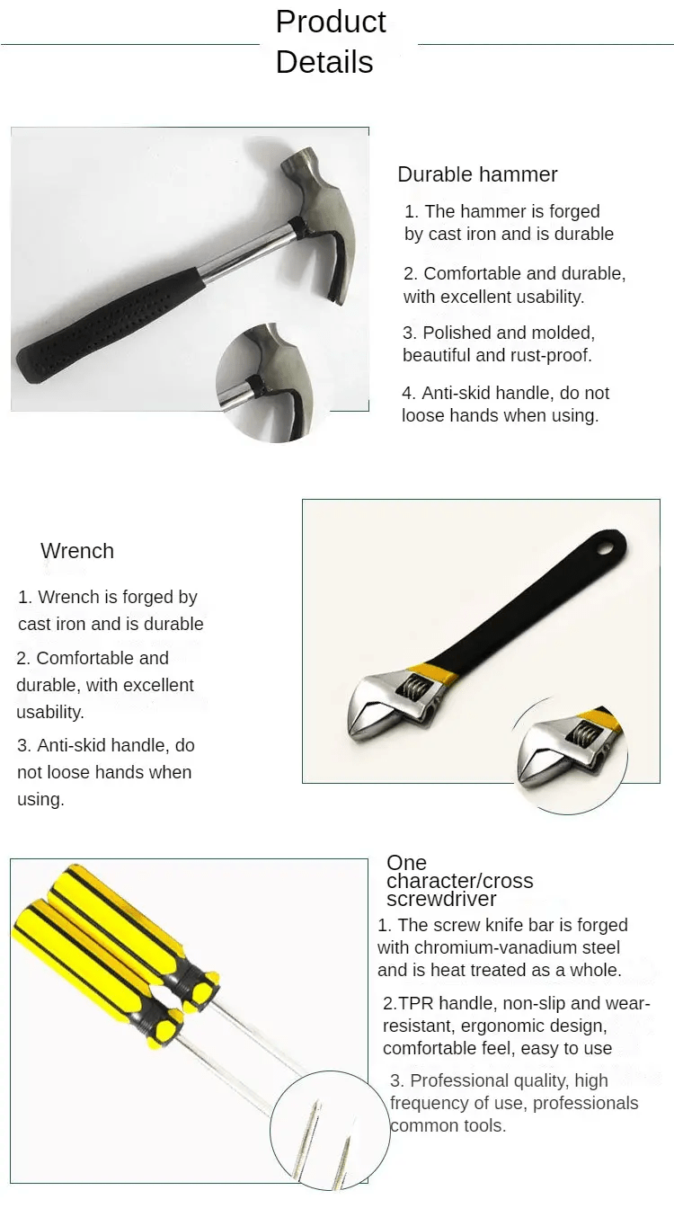 universal 16pcs household combination tool set portable with horn hammer wrench combination tool box storage box perfect for home use details 3
