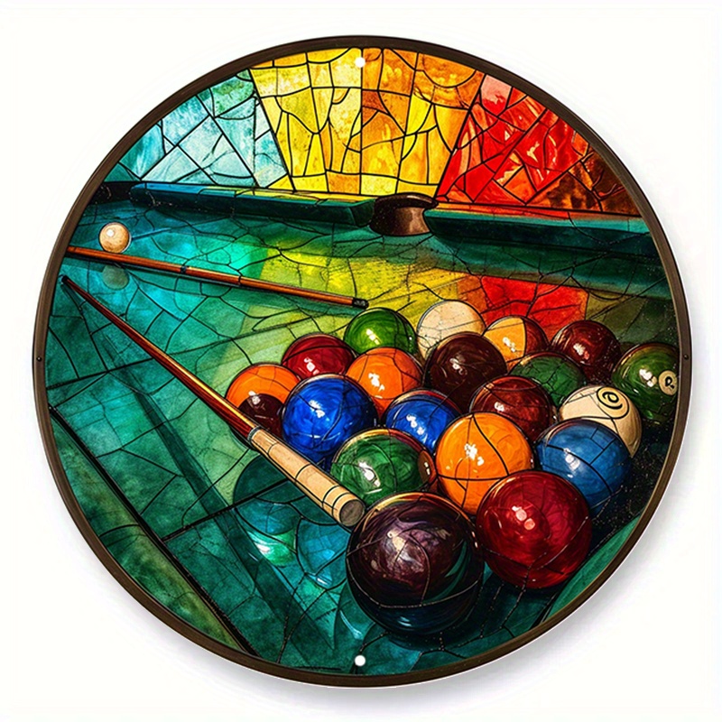 

1pc (20x20cm, 8x8inch) Aluminum Metal Sign, Faux Stained Glass Round Wreath Sign, Billiard Theme Design, Billiard Room, Bedroom, Living Room Decoration, Father's Day Gift D (215)