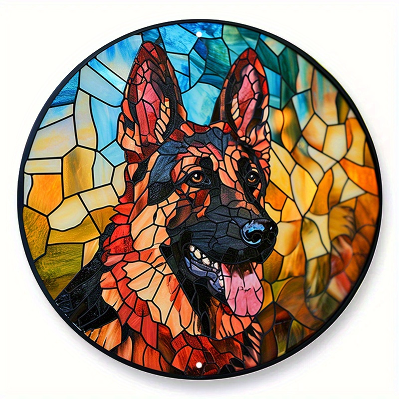 

1pc (20x20cm, 8x8inch) Aluminum Metal Sign, Faux Stained Glass Round Wreath Sign, German Shepherd Theme Design, Pet Room, Bedroom, Living Room Decoration, Pet Lover's Gifts