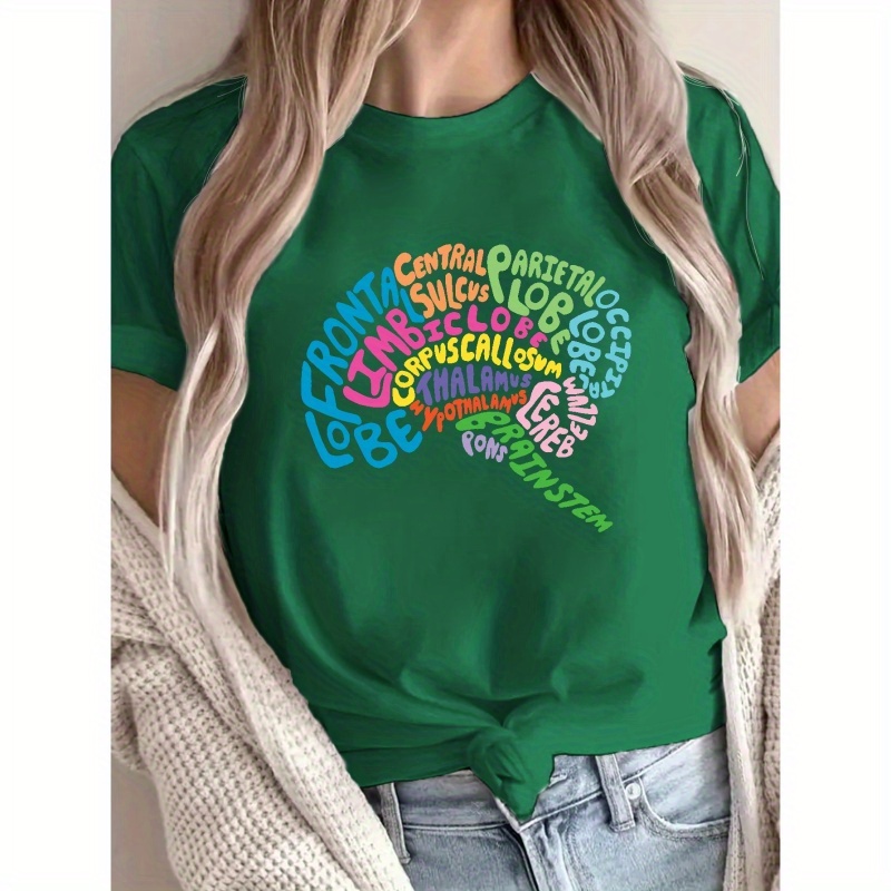 

Alphabet Brain Map Print T-shirt, Short Sleeve Crew Neck Casual Top For Summer & Spring, Women's Clothing