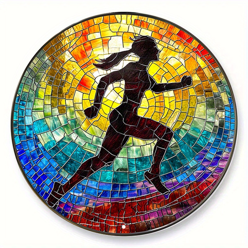 

1pc (20x20cm, 8x8inch) Aluminum Metal Sign, Faux Stained Glass Round Wreath Sign, Running Theme Design, Gym, Bedroom, Living Room Decoration, Running Lover Gift