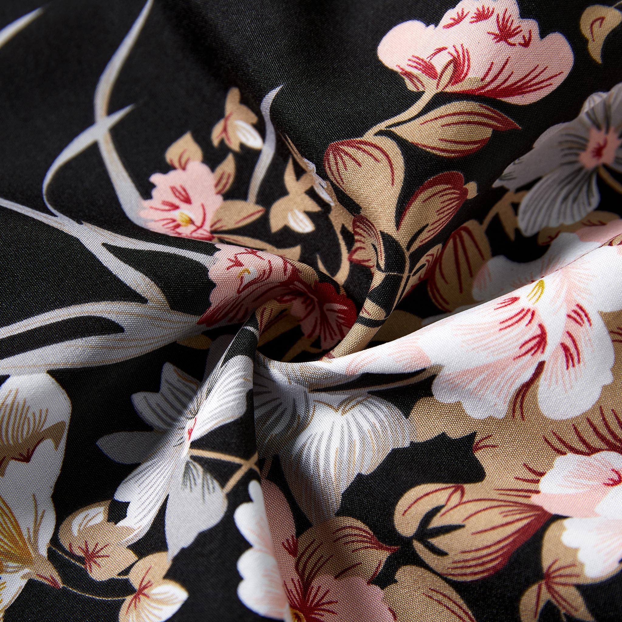 Family Matching Floral Print Black Halter Neck Off Shoulder Sleeveless Dresses and Raglan-sleeve T-shirts Sets