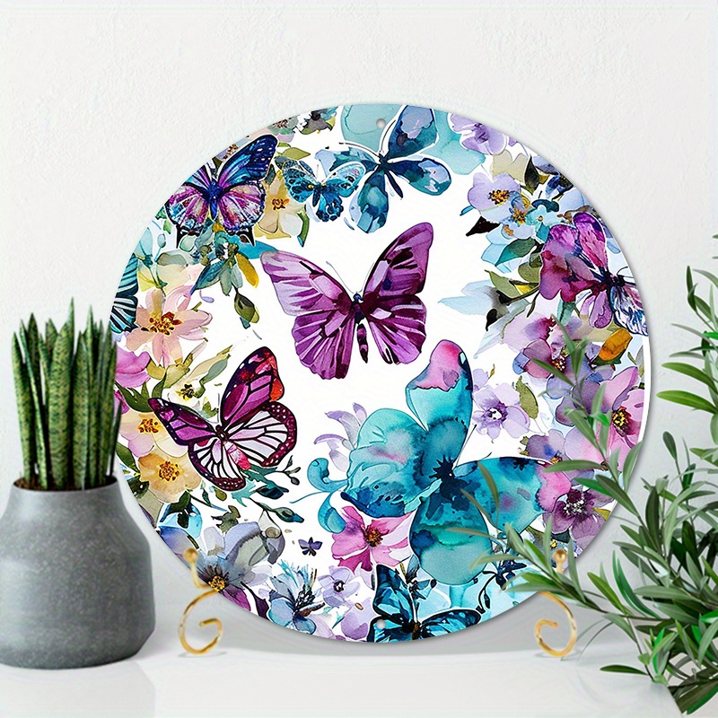 

1pc 8x8inch (20x20cm) Round Aluminum Sign Metal Tin Sign Butterfly Garden Watercolor Wreath Sign Butterfly Sign Butterflies And Flowers Sign Garden Kitchen Garage