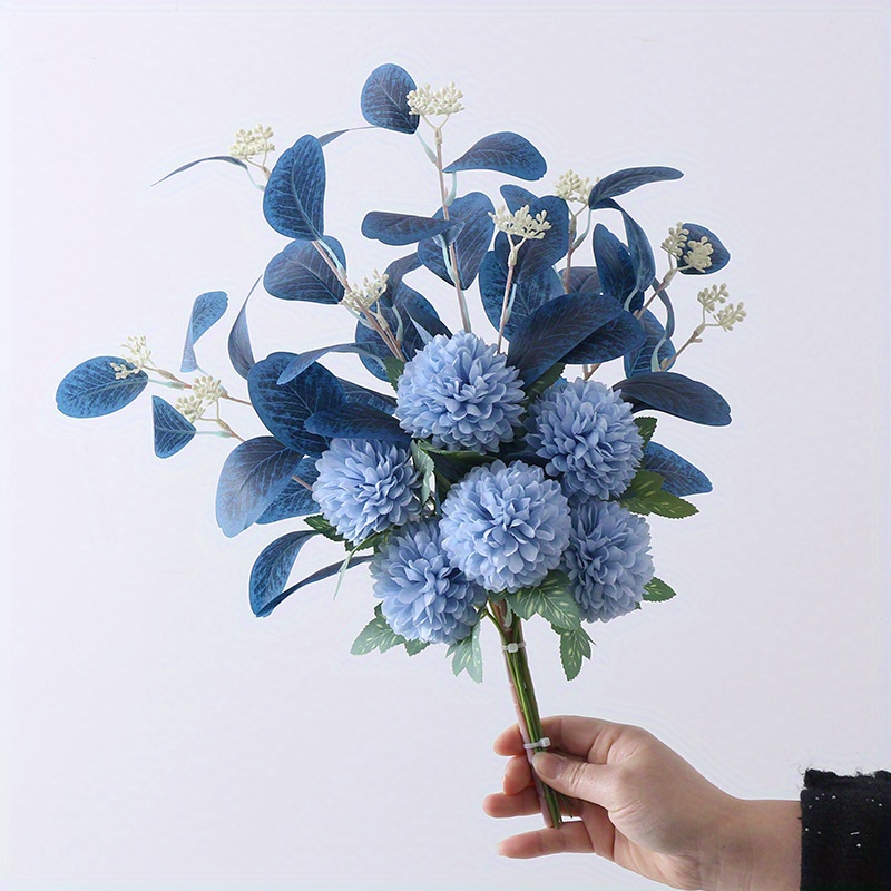 1pc Blue * Flowers Bouquet, Artificial Hydrangea Flowers, Blue  Chrysanthemum * Flowers, Spring Summer Home Indoor Dining Table Decor (No  Vase)