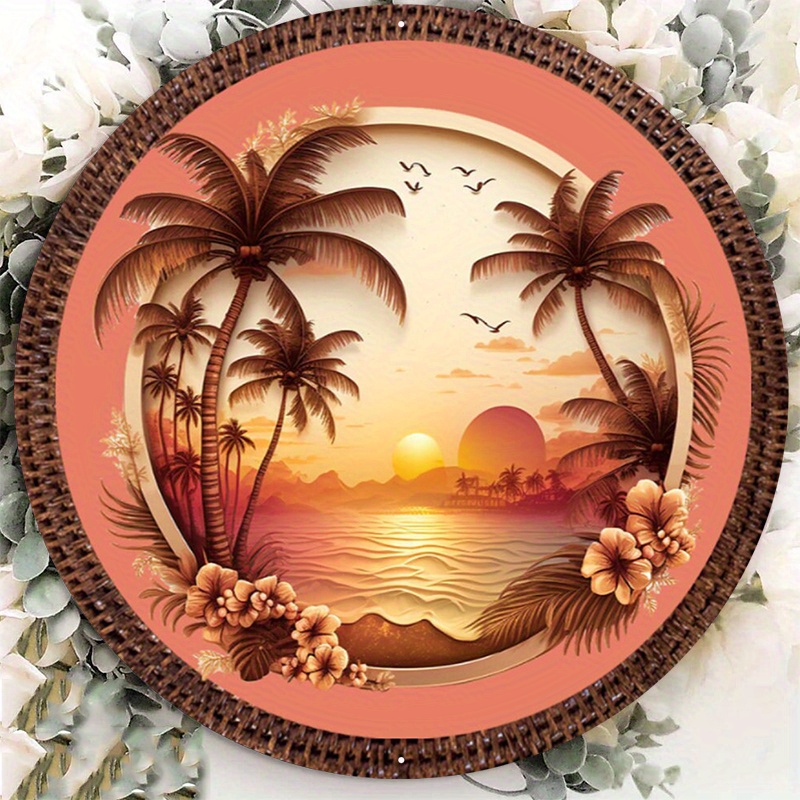 

1pc 8x8inch Aluminum Metal Sign, Tropical Island Sign, Metal Wreath Sign, Wall Door Decorative Wreath Sign, For Home Bedroom Restaurant Cafe Bathroom Garage Decor