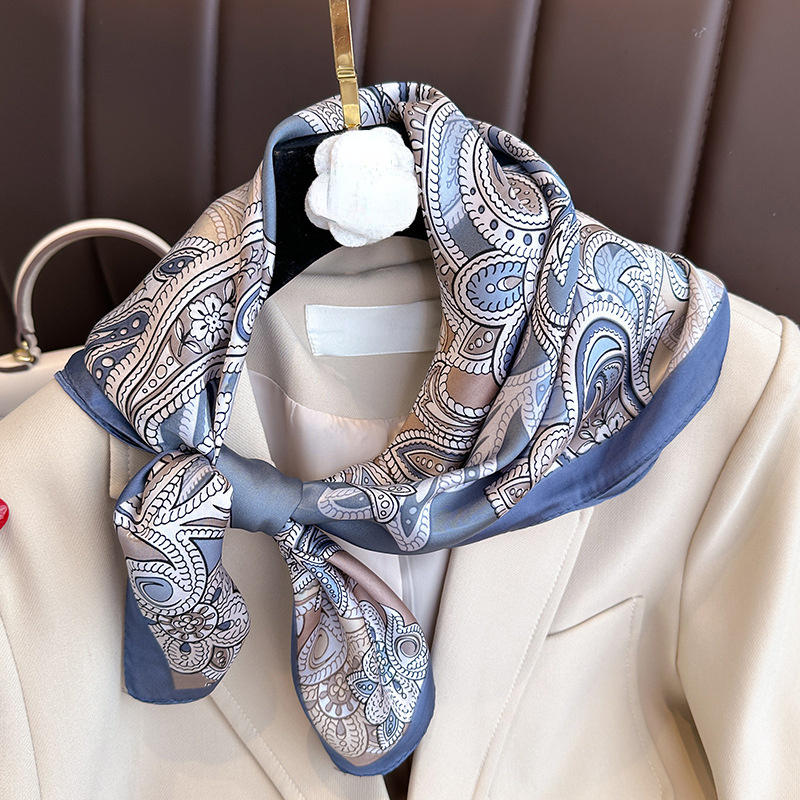 

27.56" Blue Paisley Printed Square Scarf, Simulated Silk Thin Neck Scarf, Leisure Style Sunscreen Headscarf For Women