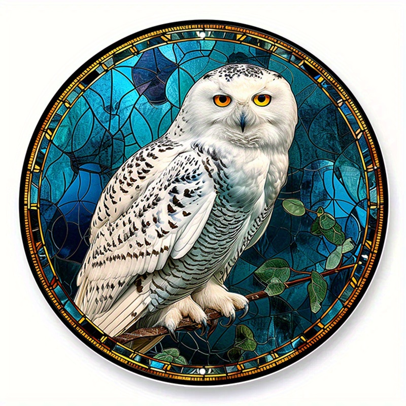 

1pc (20x20 Cm, 8x8 Inches) Aluminum Metal Sign, Winter Faux Stained Glass Circle Wreath Sign, Snow Owls Themed Design, Living Room, Bedroom, Dorm Room Decor, Gift For Father, Mother