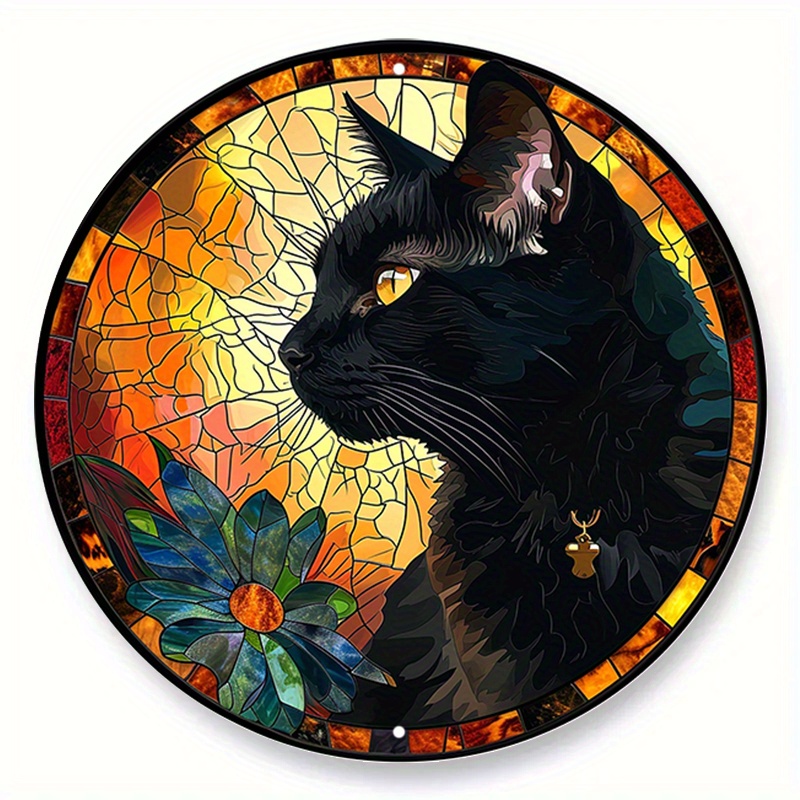 

1pc (20x20 Cm, 8x8 Inches) Aluminum Metal Sign, Cat Faux Stained Glass Round Wreath Sign, Black Cat Theme Design, Pet Room, Bedroom, Living Room Decoration, Cat Lover's Gift