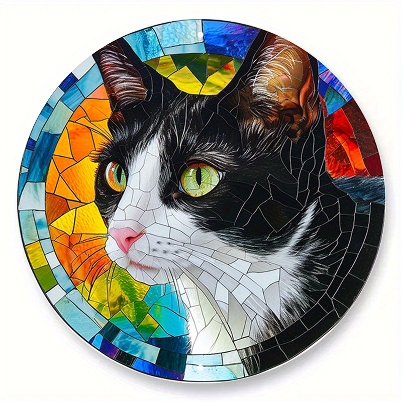 

1pc (20x20 Cm, 8x8 Inches) Aluminum Metal Sign, Cat Faux Stained Glass Round Wreath Sign, Cow Cat Theme Design, Pet Room, Bedroom, Living Room Decoration, Cat Lover's Gift F (152)
