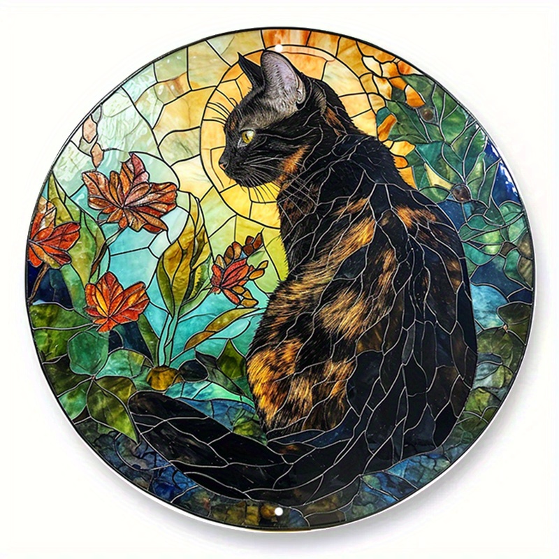 

1pc (20x20 Cm, 8x8 Inches) Aluminum Metal Sign, Cat Faux Stained Glass Round Wreath Sign, Domestic Shorthair Theme Design, Pet Room, Bedroom, Living Room Decor, Cat Lover's Gift
