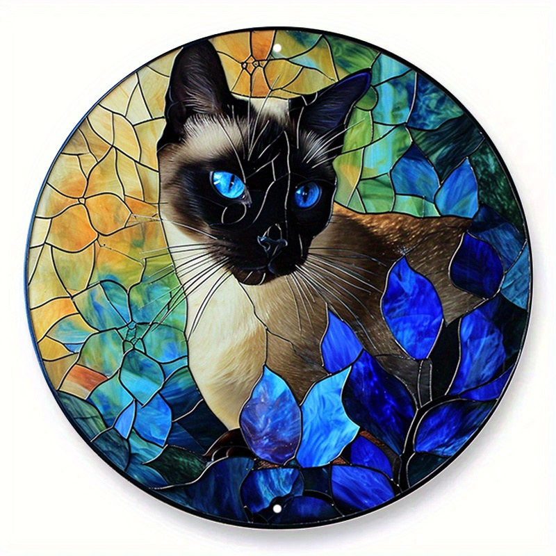 

1pc (20x20 Cm, 8x8 Inches) Aluminum Metal Sign, Cat Faux Stained Glass Round Wreath Sign, Siamese Theme Design, Pet Room, Bedroom, Living Room Decoration, Cat Lover's Gift
