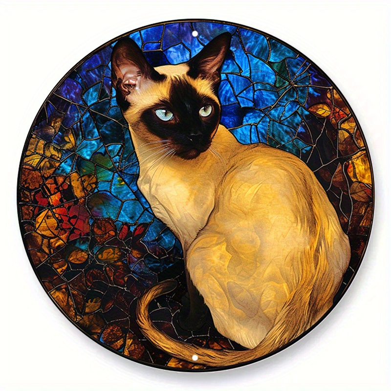 

1pc (20x20 Cm, 8x8 Inches) Aluminum Metal Sign, Cat Faux Stained Glass Round Wreath Sign, Siamese Theme Design, Pet Room, Bedroom, Living Room Decoration, Cat Lover's Gift F (166)