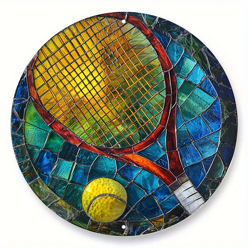 

1pc (20x20 Cm, 8x8 Inches) Aluminum Metal Sign, Faux Stained Glass Circular Wreath Sign, Tennis Design, Bedroom, Living Room, Tennis Court Decoration, Gift For Tennis Lovers