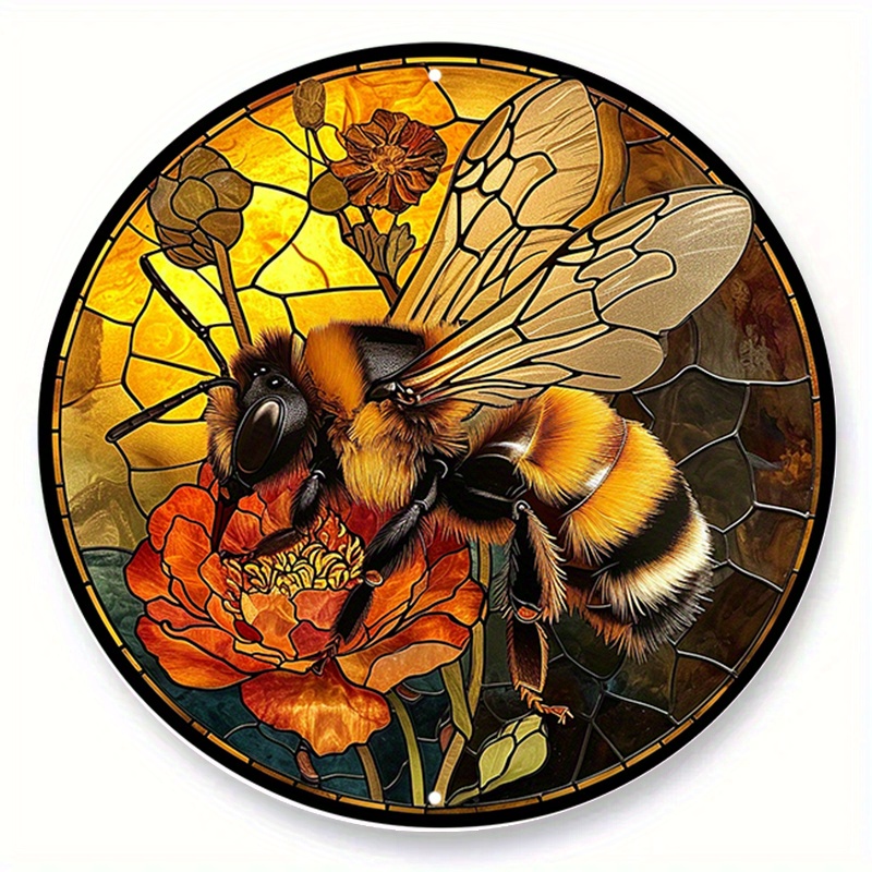 

1pc (20x20 Cm, 8x8 Inches) Aluminum Metal Sign, Spring Faux Stained Glass Round Wreath Sign, Bee & Flower Theme Design, Garden, Bedroom, Apartment Decor, Gardening Lovers Gift F Wifi
