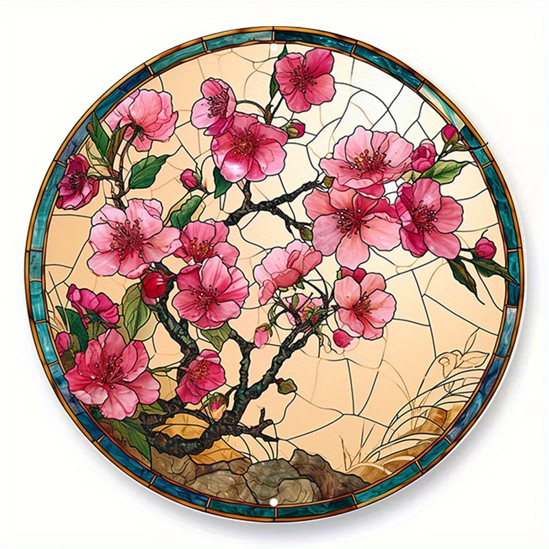 

1pc (20x20 Cm/ 8x8 Inch) Aluminum Metal Sign, Spring Faux Stained Glass Round Wreath Sign, Cherry Theme Design, Garden, Bedroom, Living Room Decoration, Gardening Lovers Gift F (179)