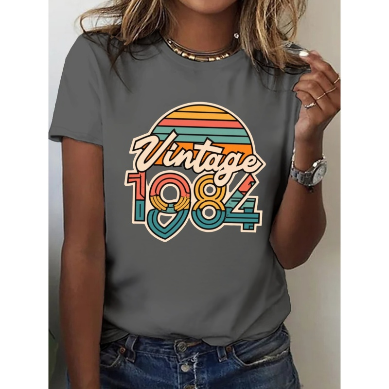 

T-shirt Imprimé Vintage 1984, Haut Décontracté À Manches Courtes Et Col Rond Pour L'été Et Le Printemps, Vêtements Pour Femmes