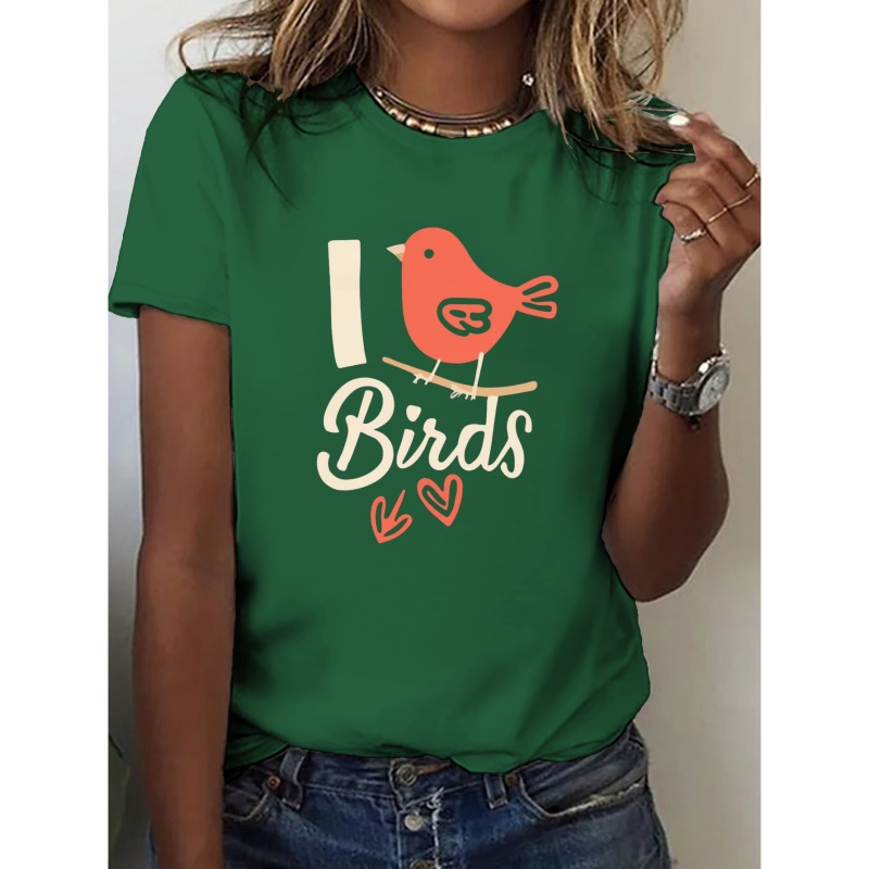 

Love I Heart Birds Print T-shirt, Short Sleeve Crew Neck Casual Top For Summer & Spring, Women's Clothing