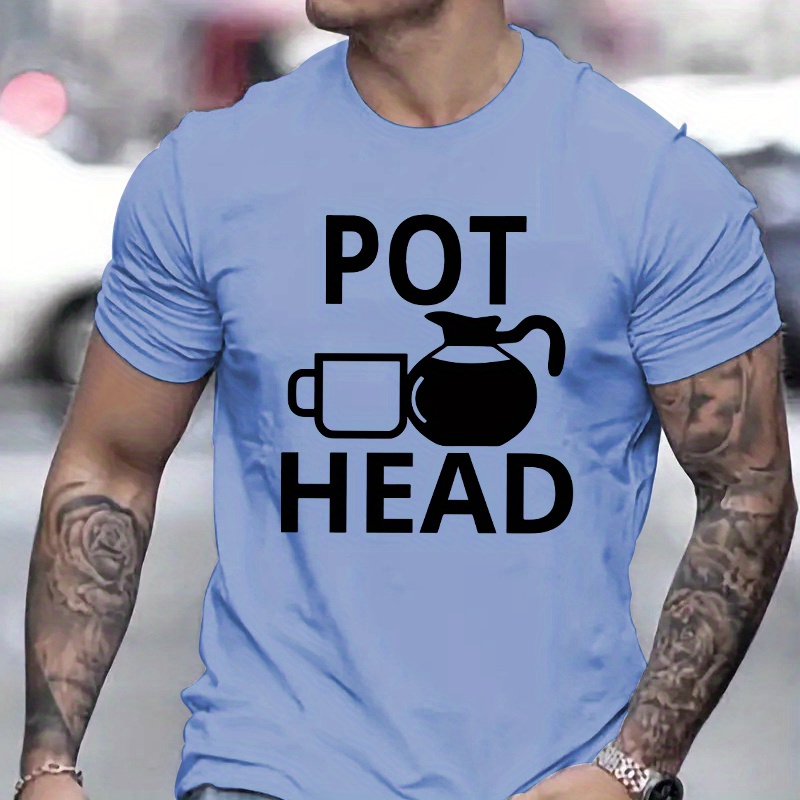 

Pot Head Graphic Men's Short Sleeve T-shirt, Comfy Stretchy Trendy Tees For Summer, Casual Daily Style Fashion Clothing