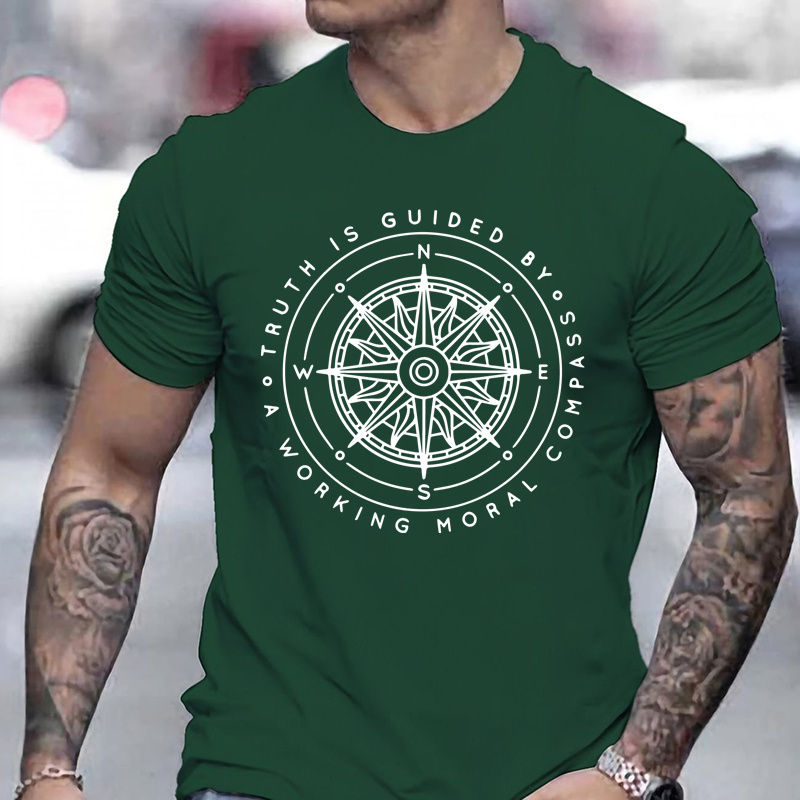 

Compass Graphic Men's Short Sleeve T-shirt, Comfy Stretchy Trendy Tees For Summer, Casual Daily Style Fashion Clothing