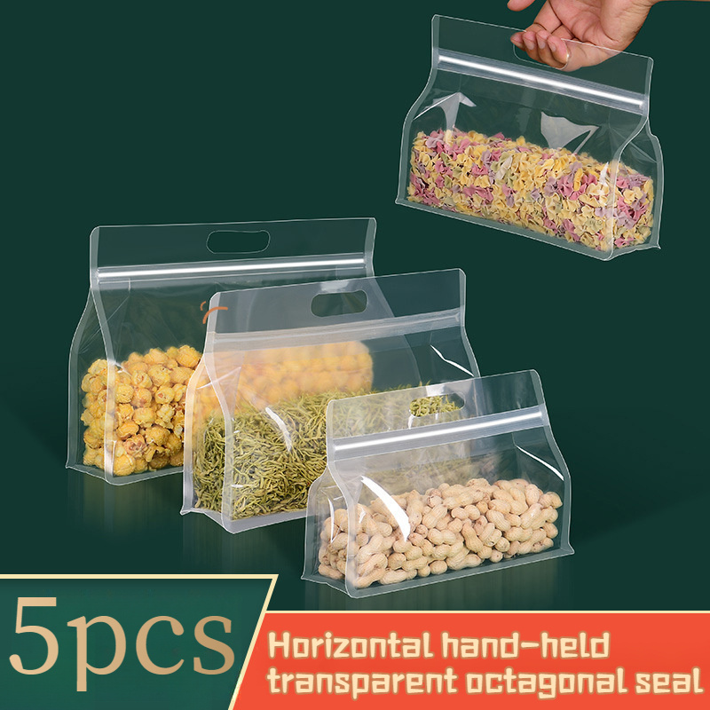 

5pcs Hand Carrying Transparent Matte Octagon Seal Packaging Bag 0 Food Ziplock Bag Stand Up Pouch Dry Goods Nuts Plastic Sealed Bag