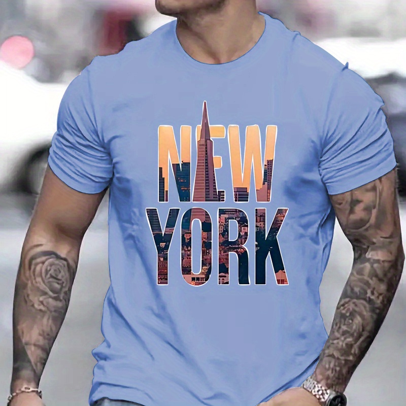 

Crew Neck New York Print Men's Fashionable Summer Short Sleeve Sports T-shirt, Comfortable And Versatile