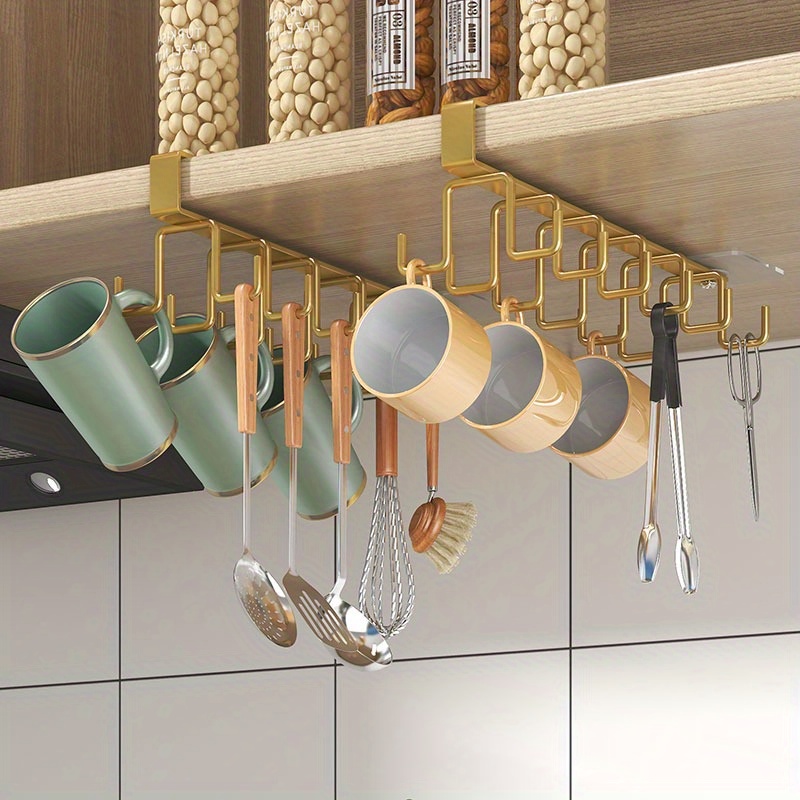  KAIYING Estante de utensilios de cocina con ganchos en S  extraíbles para colgar ollas y sartenes, ganchos de barra para tazas,  organizador de riel de cocina montado en la pared, aluminio, (