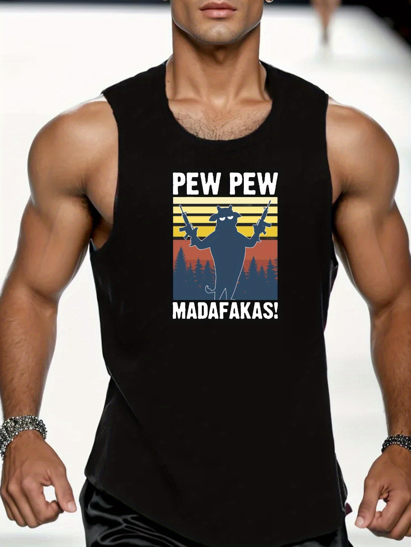 Plus Size, 'PEW PEW CAT' Baskılı Erkek Rahat A-Shirt Günlük Spor Fitness için Nefes Alabilen Rahat Yelek Üstleri