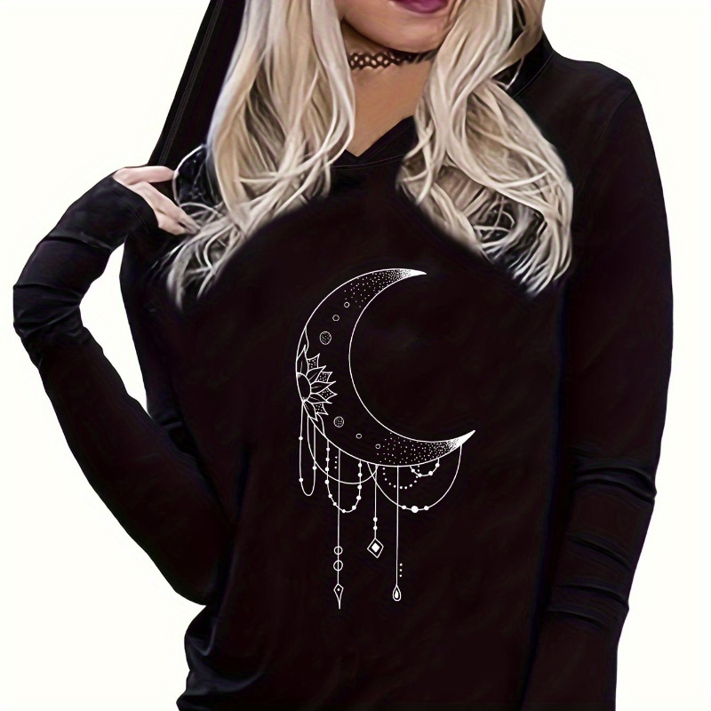

Moon Graphic Print Hooded T-shirt, Casual Long Sleeve Top For Spring & Fall, Women's Clothing
