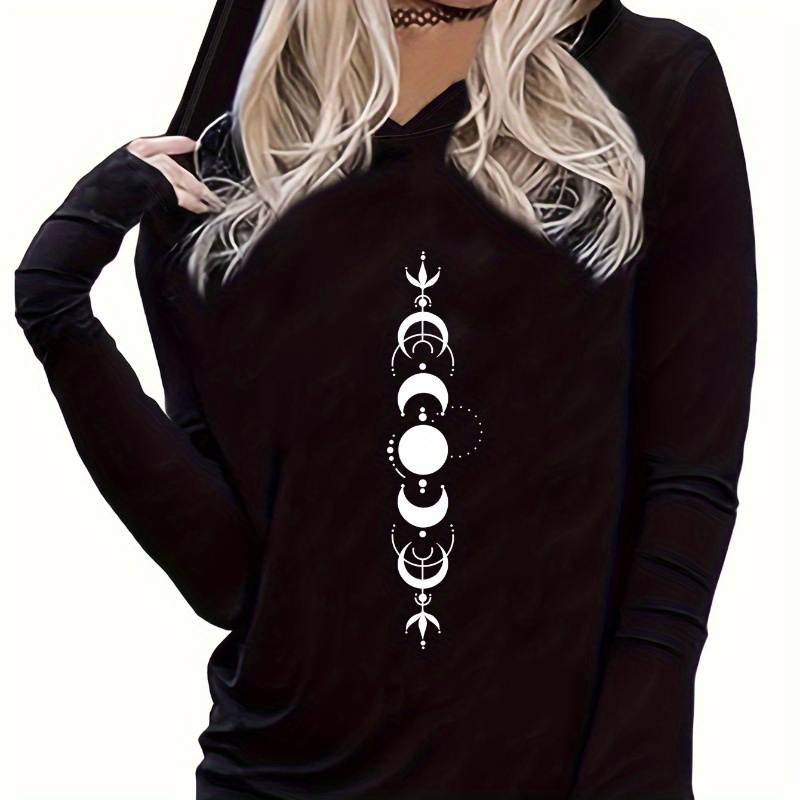 

Moon Graphic Print Hooded T-shirt, Casual Long Sleeve Top For Spring & Fall, Women's Clothing