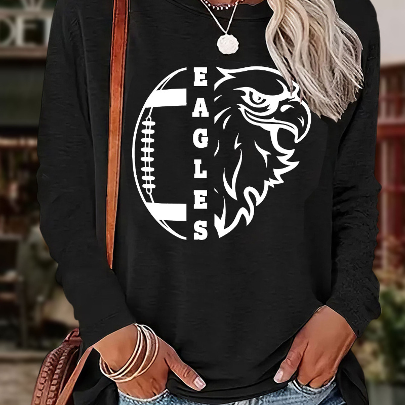 

Eagle Head Graphic Print T-shirt, Long Sleeve Crew Neck Casual Top For Spring & Fall, Women's Clothing