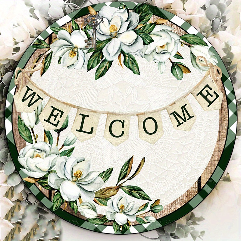 

1pc 8x8inch Aluminum Metal Sign Magnolia Flower Welcome Wreath Sign, Signs For Wreaths, Metal Wreath Sign, Round Wreath Sign