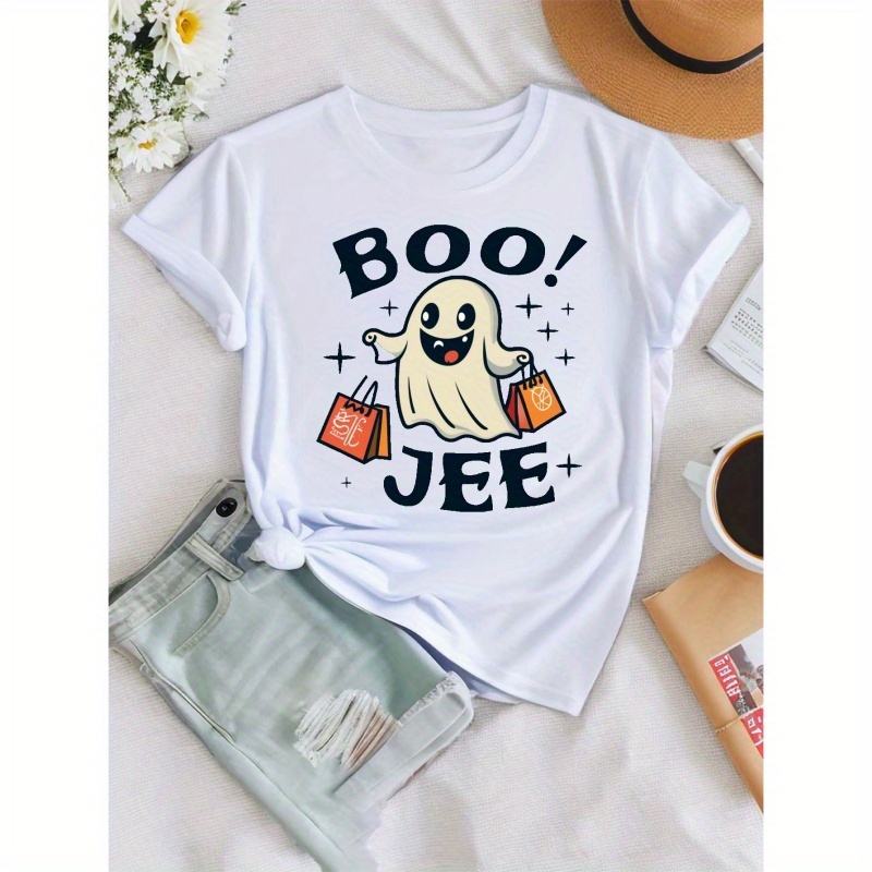 

Ghost Graphic & Boo Jee Print T-shirt, Short Sleeve Crew Neck Casual Top For Summer & Spring, Women's Clothing