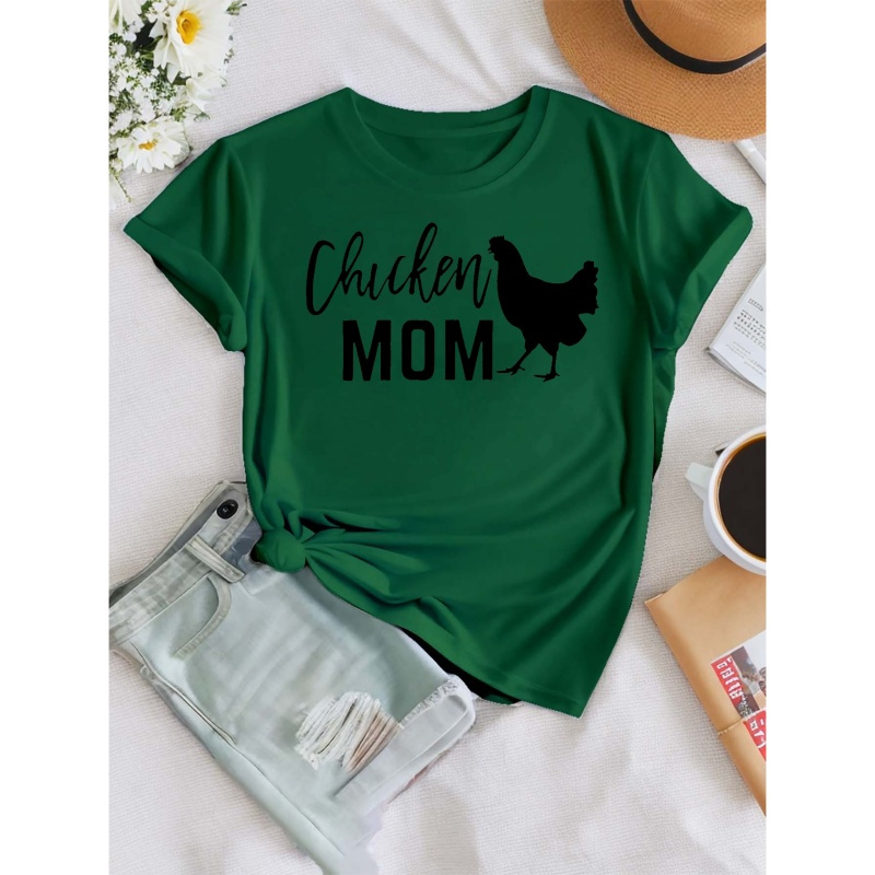 

Fashion Letters Chicken Mom Print T-shirt, Short Sleeve Crew Neck Casual Top For Summer & Spring, Women's Clothing