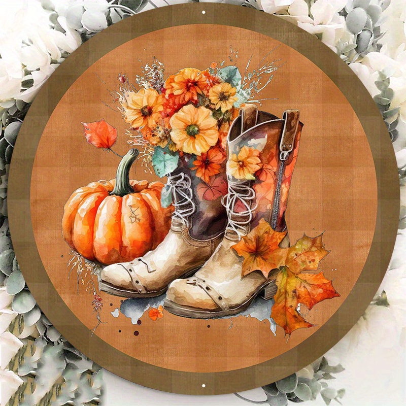 

1pc 8x8inch (20cm X 20cm)aluminum Metal Sign Fall Cowgirl Boots Wreath Sign, Metal Wreath Sign, Round Wreath Sign, Door Decor, Southwestern 1403