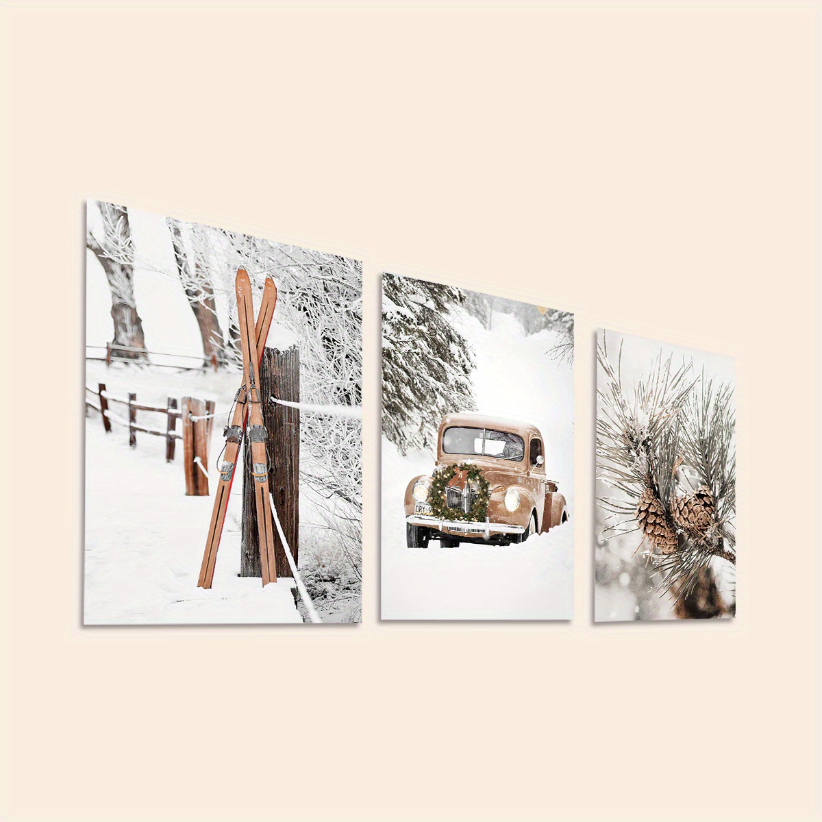 TEMU 2d Flat, 3pcs Frameless Decorative Paintings, Modern Winter Outdoor Snow Scenery, Elk Skiing Board, Forest Hanging Paintings, Family Rooms,