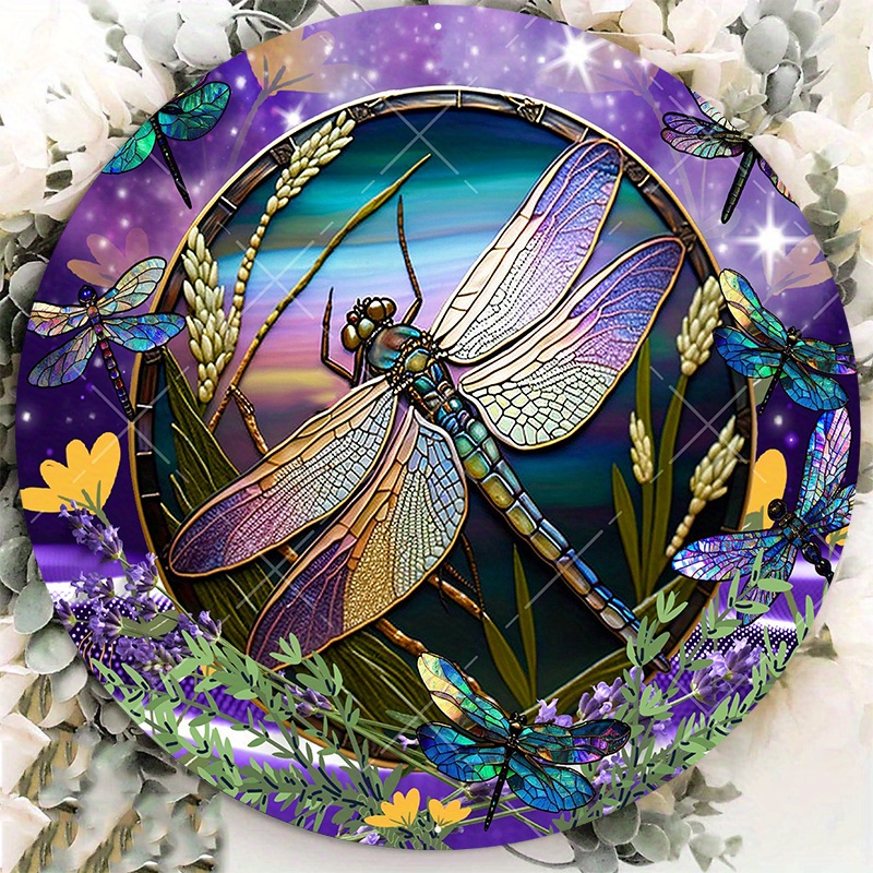 

1pc 8x8inch Aluminum Metal Sign Faux Stained Glass Dragonfly Wreath Sign, Metal Wreath Sign, Round Wreath Sign