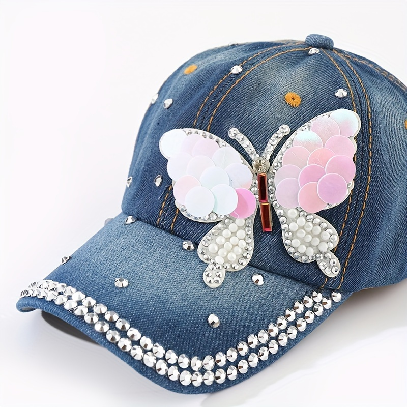 

Sequin Butterfly Decor Baseball Cap, Rhinestone Denim Trendy Sports Hat Women's Baseball Cap For Music Festival