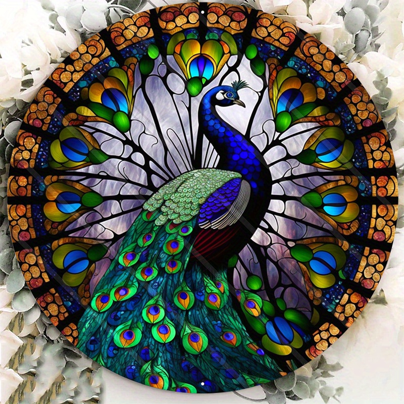 

1pc 8x8inch Aluminum Metal Sign Faux Stained Glass Peacock Everyday Welcome Elegant Peacock Colorful Peacock Peacock Dead