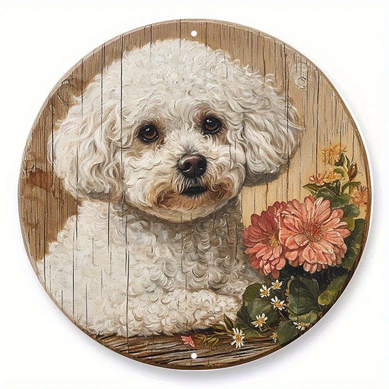 

1pc 8x8 Inch Spring Aluminum Metal Sign Faux Stained Glass Circular Wreath Sign Entrance Decoration Thanksgiving Day Gifts Bichon Frise Themed Decor