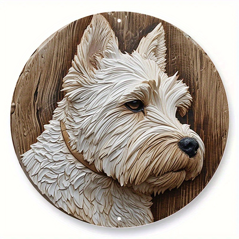 

1pc 8x8 Inch Spring Aluminum Metal Sign Faux Stained Glass Circular Wreath Sign Garden Decoration Father's Day Gifts West Highland White Terrier Themed Decoration