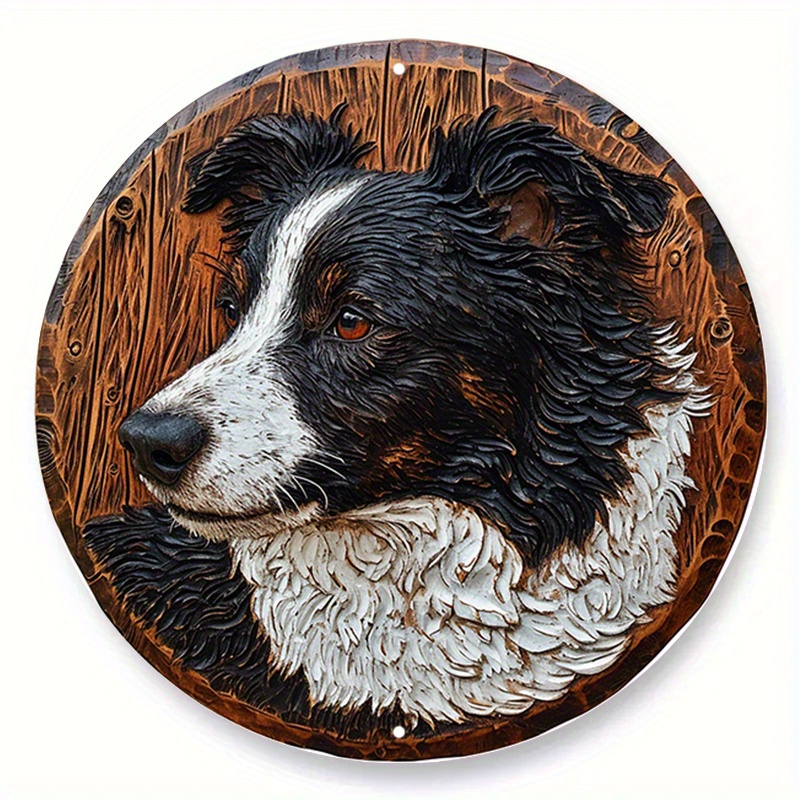

1pc 8x8 Inch Spring Aluminum Metal Sign Faux Stained Glass Circular Wreath Sign Kitchen Decoration Father's Day Gifts Border Collie Themed Decoration G87