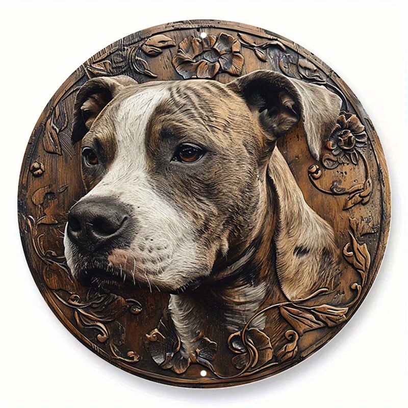 

1pc 8x8 Inch Spring Aluminum Metal Sign Faux Stained Glass Circular Wreath Sign Kitchen Decoration Fathers Gifts Pit Bull Terrier Themed Decoration