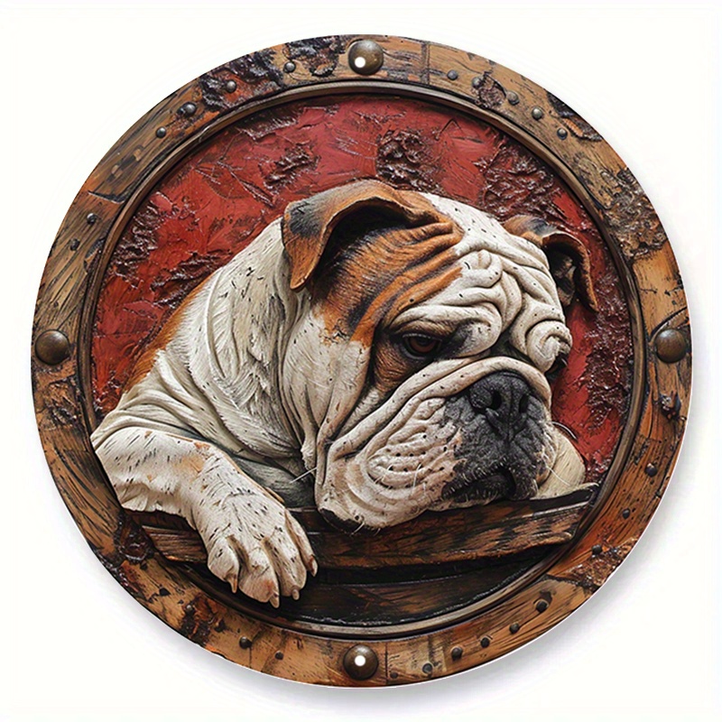 

1pc 8x8 Inch Spring Aluminum Metal Sign Faux Stained Glass Circular Wreath Sign Office Decoration Mother's Gifts English Bulldog Themed Decoration G62