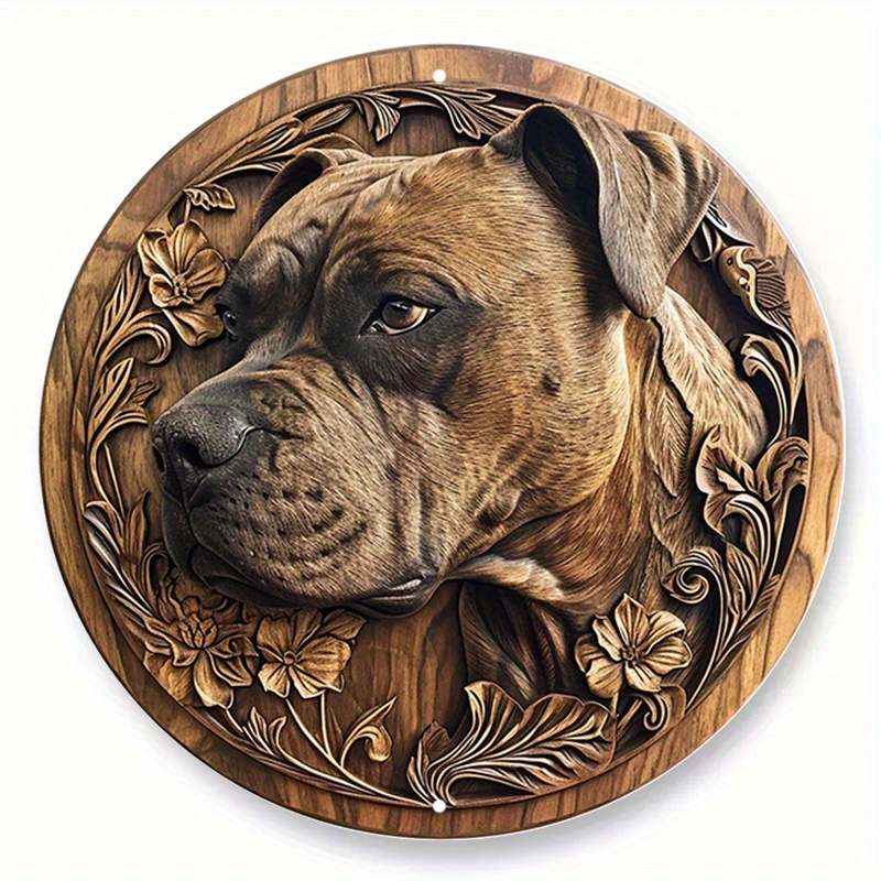 

1pc 8x8 Inch Spring Aluminum Metal Sign Faux Woodblock Print Circular Wreath Sign Bedroom Decoration Fathers Gifts American Staffordshire Terrier Themed Decoration